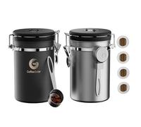 Coffee Gator Coffee Canister Airtight 1900 mL 2 Pack, Stainless Steel Kitchen Food Storage Container with Date Tracker, CO2 Valve, Scoop for Grounds Coffee, Beans,Tea, Sugar, Flour, Snacks