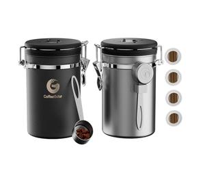 Coffee Gator Coffee Canister Airtight 1900 mL 2 Pack, Stainless Steel Kitchen Food Storage Container with Date Tracker, CO2 Valve, Scoop for Grounds Coffee, Beans,Tea, Sugar, Flour, Snacks