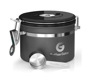 Coffee Gator Coffee Canister Airtight 900 mL, Stainless Steel Kitchen Food Storage Container with Date Tracker, CO2 Valve, Scoop for Grounds Coffee, Beans,Tea, Sugar, Flour, Snacks