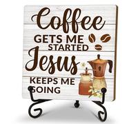 Coffee Gets Started Jesus Keeps Me Going Wood Plaque Sign With Stand, Christian Quote Desk Sign Decor for Farmhouse Home Kitchen Coffee Bar Table Shelf, Motivational Gifts for Women Man Friends