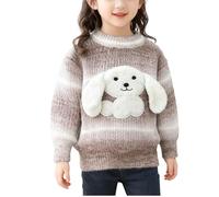 Coffee Girls Dog Print Crew Neck Knitted Sweater, Warm Versatile Knit Outerwear Pullover for Kids Girls, Casual Fashion Knitwear 5-6 Years