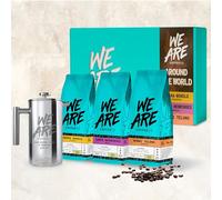 Coffee Ground Coffee Gift Set Including Cafetiere, 3 x 227g Around the World Espresso Ground Coffee, 100% Arabica, Light Medium & Dark Roast Speciality Coffee (We Are Coffee Co)