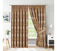 Coffee Jacquard Pencil Pleat Curtains 46 x 90 Inch - Luxury Fully Lined Window Curtains for Bedroom and Living Room - Decorative Virginia Drapes Set Of 2 Panels With Tie Backs