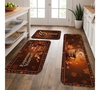Coffee Kitchen Rugs Sets of 3, Rustic Cozy Leaves Mug Fall Brown Soft Washable Decorative Kitchen Mats for Sink Area Laundry Room Bathroom Hallway