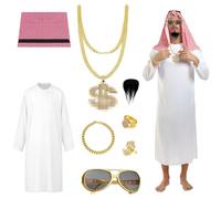 Coffee Life Plus Arab Costume Men's Set, Sheikh Costume, Arabic Sheikh Costume, Arabic Robe with Headscarf, Sunglasses, Necklace Rings, Carnival for Cosplay Party (XL)