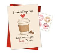 Coffee Lover Greeting Card for Him Her Boyfriend Girlfriend Husband Wife, Pun I Cannot Expresso How Much You Bean to Me, Valentine Thank You Birthday Anniversary Card with Envelope and Stickers