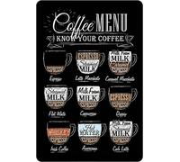 Coffee Menu Know Your Coffee Man Cave Bar Club Pub Aluminum Tin Sign Metal Wall Art Decorations Iron Painting for Indoor Outdoor Home Decor Room Door Accessories Poster Housewarming Gifts 5.5"x8"