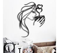 Coffee Metal Wall Art, 3D Woman Drinking Sculpture for Kitchen Decor, Black