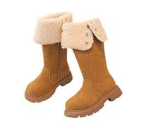 Coffee Mid-calf Girls Boots Fold-Over Shearling Cuff Punk-Inspired Side Zipper Retro School Shoes Faux Suede Warm Fleece Lined Kids Riding Boots Casual Outing Anti-Slip Thick Sole Footwear UK Size 13