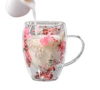 COFFEE MUG - 4.53 inch double mug, glass tea cup, 350ml double wall design with dried flower inside, heat-resistant clear tableware keeps drinks warm