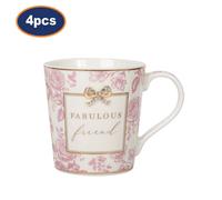 Coffee Mug Ceramic Pink Floral Fabulous Friend Print 300Ml Tea Cup Gift Box 4Pcs