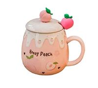 Coffee Mug Cups Ceramic Tea Cup Fruits Peach Shaped Handmade Pottery Cute Mugs With Lid Spoon Handle Office Home Hot Ice Chocolate Milk Mugs Gifts Microwave Dishwasher Safe 17 Oz Travel Mugs (Rose)