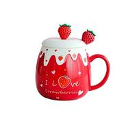 Coffee Mug Cups Ceramic Tea Cup Fruits Strawberry Shaped Handmade Cute Mugs With Lid Spoon Handle Office Home Hot Ice Chocolate Milk Mugs Gift Microwave Dishwasher Safe Travel Mugs (Strawberry)