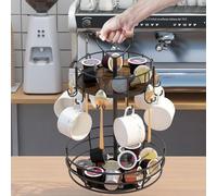 Coffee Mug Holder, 360 Degree Rotatable Mug Tree Stand, 2 Tiers Handle Coffee Cup Holder with 10 Mug Hooks, Coffee Pod Holder with Cup Pods, Saucer Basket Storage & Handle for Kitchen Coffee Bar