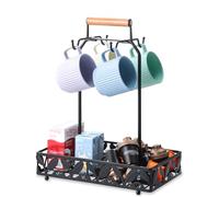 Coffee Mug Holder for Countertop, Mug Tree & Mug Rack with Storage Basket, 2-in-1 Organizer Holds 4 Large Mugs, Kitchen Cup Holder for Coffee Bar Accessories, Pods & Tea Bags, Black Metal with Handle