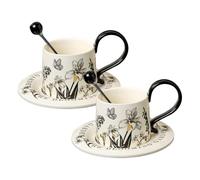 Coffee Mug Set - Ceramic Cup with Saucers and Spoons, Beverage Serving Collection, Reinforced Stoneware Material, Comfort Handle Design, Coordinated Utensil Inclusion, Ideal for Drinks