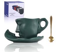 Coffee Mug Set, creative abstract art Kissing coffee cup, with disc and spoon light luxury family office tableware decoration (Green)
