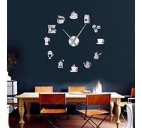 Coffee Mug Wall Art Coffee Shop DIY Giant Wall Clocks Cafe House DIY Stickers Decorative Big Hands Frameless Large Clock Watch(Silver,37inch)