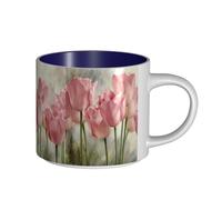 Coffee Mugs Breakfast Oat Milk Cup Tea Cup Ceramic Mug Large,Pink Tulips Printed,Navy Blue,One Size