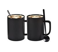 Coffee Mugs, Matte Black Ceramic Mug Set of 2, 13.5 OZ Large Coffee Set with Black Coffee Spoons, Big Cups for Cappuccino Latte or Tea for Home Office Restaurant or Bar, for Men and Women Couple Gift
