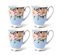 Coffee Mugs Set of 4, 11 oz/312 ml Bone China Teacup with Floral Pattern for Coffee, Tea, Latte, Cappuccino, Milk, Cocoa, Juice and Other Hot Drinks, Ideal for Home Kitchen Office Gifts (Blue)