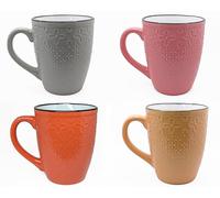 Coffee Mugs Set of 4 Durable Ceramic Mug Mixed Colour Embossed Design Teacup for Hot Chocolate Latte Cappuccino Soup Microwave & Dishwasher Safe 375ml (Mugs D)