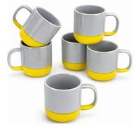 Coffee Mugs Set of 6, 15 oz Large Ceramic Tea Cups with Big Handle & Broad Base, Artisanal Kiln-Transformed Glaze Two-Tone Design, Heavy Duty Solid Cups for Latte, Cocoa, Builder's Tea, Grey & Yellow