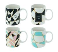 Coffee Mugs Stoneware Geometric Happy Day Motivational Tea Cups Large Mug with Handle for Cappuccino Latte Hot Chocolate Drinks Modern Drinking Mug Gift, 300ml, Set of 4
