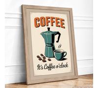 Coffee o'Clock Retro Framed Wall Art Print A4 (29.7×21cm) Oak, Wall Decor for Living Room, Bedroom, Office & Home, Ready to Hang, Art Gift