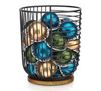 Coffee Pod Holder -Black Wire K Cup Storage with Wooden Base - Large Capacity Slim Design - Modern Coffee Basket Decor for Kitchen Countertop for Keurig Kcups & Espresso Capsules