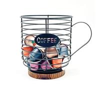 Coffee Pod Holder,Coffee Pod Holders for Counter, Coffee Bar Accessories, Coffee Table Organiser, Large Capacity Black Wire Kup Storage with Wooden Base, Kitchen Countertop,Coffee Bar,Office (black)