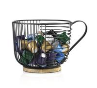 Coffee Pod Holder - Large Capacity Black Wire K Cup Storage with Wooden Base - Modern Basket Decor for Kitchen Countertop for Kcups Nespresso pods holder (Black With Handle)