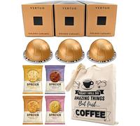 Nespresso Vertuo Golden Caramel Coffee Capsules - 3 Boxes (30 Pods) Bundled with Border Biscuits Selection & Giftable Tote Bag