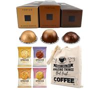Coffee Pod Variety Pack for Vertuo - Bianco Doppio, Forte, Piccolo - 3 Boxes (30 Pods) Bundled with Border Biscuits and Reusable Tote Bag