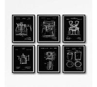Coffee Print Set of 6 Coffee Patent Prints Coffee Blueprint Posters Coffee Machine Decor Cafe Decor Cafe Coffee Wall Art WB266-2716F (8.3 x 11.7 (A4), Black Grid)