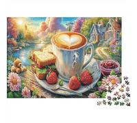 Coffee & Sandwich Jigsaw Puzzle 1000 Piece | Sustainable Recycled Paper Coffee Cup with Strawberries for Adults & Teens Gift 52x38cm/1000pcs