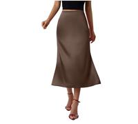 Coffee Satin Skirt for Women UK Elegant High Waist A Line Flared Skirts Casual Solid Color Flowy Midi Skirt Ladies Mid-Length Formal Skirts Work Office Business Cocktail Party Wedding S
