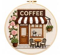 Coffee Shop Embroidery Kit for Beginners, 20 cm Hoop, Pre-Printed Cloth | Coloured floss, needles, scissors and handy tools support relaxed stitching from first thread to finished décor.