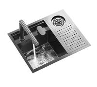 Coffee Shop Tea Room Single Bowl Siphon Kitchen Apartment Stainless Steel Hidden Above-The-Counter Basin with Pull-Out Lifting Faucet/Black Steel/55 * 45 * 22Cm