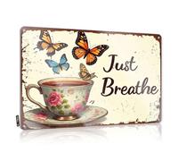 Coffee Sign Decor Floral Teacup With Butterflies And "Just Breathe" Text. Tin Sign Funny Room Decor Metal Bar Decor(20X30CM)