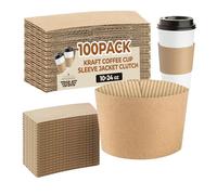 Coffee Sleeves For 10-24 Oz. Cups | 100 Brown Kraft Paper Coffee Cup Sleeves Reusable | Corrugated Disposable Cup Sleeves for Hot and Cold Drinks, Coffee Shops, Cafeterias, Office Break Rooms