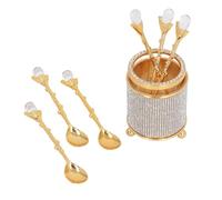 Coffee Spoons Set, 6Pcs Retro Crystal Alloy Tableware Dessert Spoons with Holder, Tea Spoons Decorative for Fruit, Stirring, Mixing, Sugar, Ice Cream, Cake, Cafe Tableware, Party