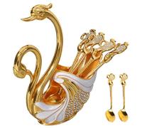 Coffee Spoons Set with Base Holder, Metal Swan Shape Coffee Stirrers Holder with 6 Gold Spoon for Dessert Ice Cream Cake, Kitchens, Restaurants