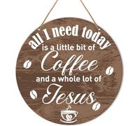 Coffee Station Farmhouse Wall Decorations for Kitchen,All I Need Is Coffee and Jesus.Home Farmhouse Yard Garden Synthetic Round Wood Sign 12 x 12 inch