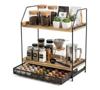 Coffee Station Organizer for Countertop - 2 Tier Wood Coffee Bar Accessories Organiser with Storage Box, Large Kitchen Countertop Shelf for Coffee Syrup, Mug, Pods, Tea Station for Home & Office