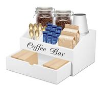 Coffee Station Organizer with Draw 5 Compartment Tea Chest Box Coffee Bar Accessories Caddy Wood Vintage Coffee Pods Holder Coffee Condiment Storage Bin for Countertop Sugar Packet Sweeteners(white)