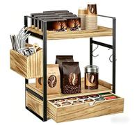 Coffee Station Organizer with Drawer, 3-Tier Wooden Countertop Storage Rack for Kitchen, Tea Bag Holder & Mug Hooks, Coffee Bar Accessories Organiser for Home Office