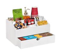 Coffee Station Organizer | Wood Table Storage Stand | Kitchen Counter Condiment Holder With Drawer For Mug Sugar Tea Coffee Phone -Stirrers Remote Controller Pen Scoop Straw