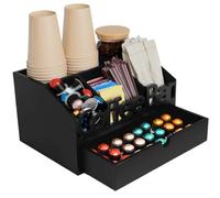 Coffee Station Storage Organiser - Wooden Stirrers Counter Organiser with Drawer, Large Compartments System Organiser Basket for Commercial Restaurant Household Home