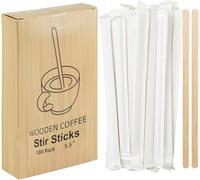 Coffee Stirrers 100 Pack Individually Wrapped Wooden Coffee Stir Sticks 5.5 Inch, Disposable, Biodegradable, Smooth Round Ends, for Coffee, Cocktails, Drinks and Coffee Bars